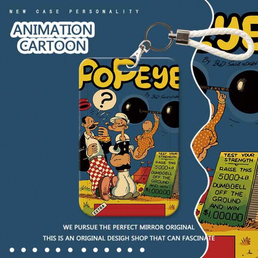 MINISO Popeye 可愛動漫直立式滑動卡套,附頸掛繩或短編織繩鑰匙圈,開學季學生證/巴士卡保護套,復古卡通角色禮物 - 樣式 1 - 查看 1