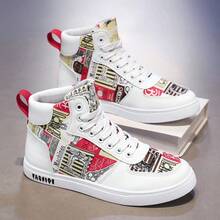 1 Paar Herren Mode High-Top Skateboard Schuhe, Zufälliges Muster Hip-Hop Herren Schuhe, Bequeme Lässige Sportschuhe - Rot-Weiß - Übersicht 4