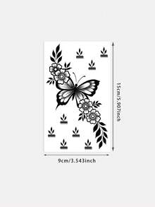 1 st fjärils- och blomtatueringsset, falsk tatueringsdekal med vinrankor och blad, detaljerad bohemisk kroppskonst - Svart - Visa 5