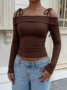 Women's Y2K Style Off-Shoulder Lace-Up Top, Solid Color Minimalist Exposed Shoulder Top, Spring/Autumn Long Sleeve T-Shirt, Suitable For Daily Casual Wear - Brown - View 3
