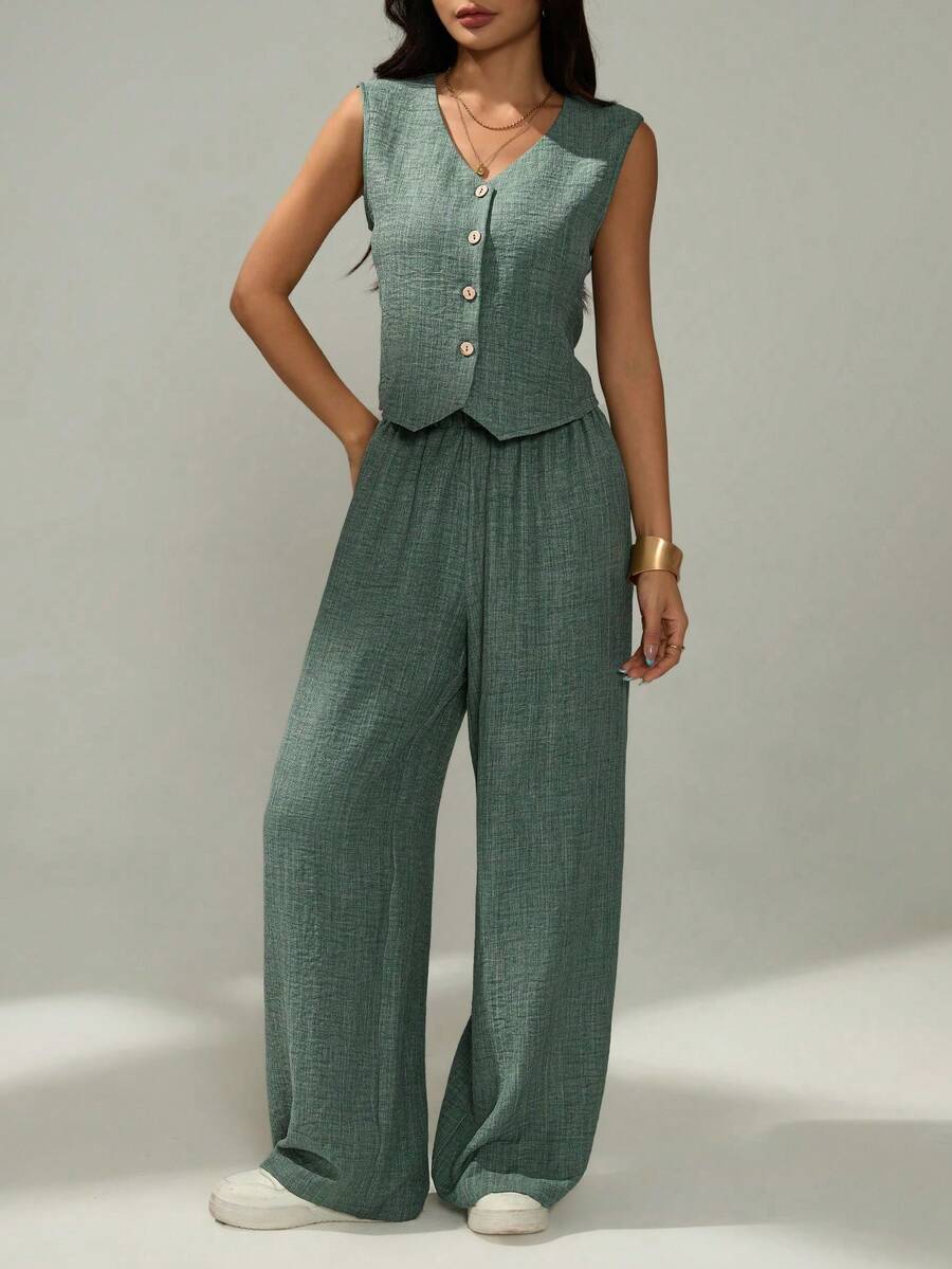 de 2 piezas de chaleco de un solo botonadura y pantalones de unicolor para mujer - Verde - Ver 1
