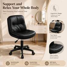 Vanity Chair With Back, PU Leather Swivel Office Desk Chair, Height Adjustable Armless Chair For Small Spaces, Bedroom, Vanity, Home Office Black - Black - View 5