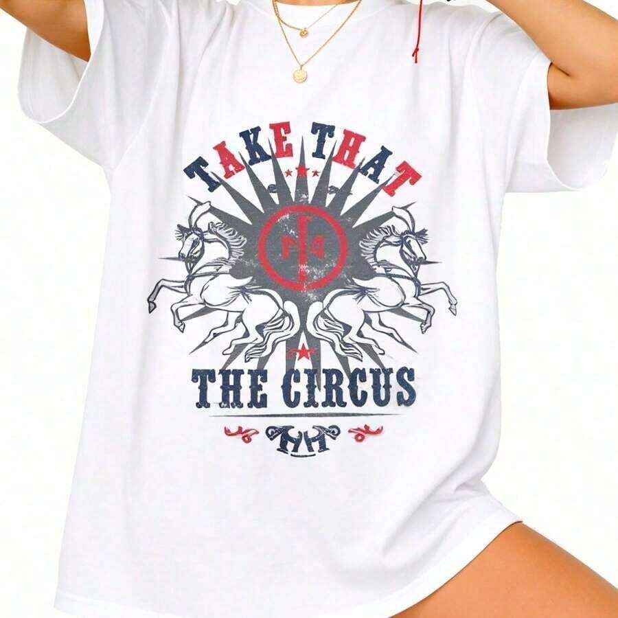 Camiseta Vintage de la Banda Take That Y2K 2009 - Camiseta Gráfica Retro de Circo con Diseño de los Miembros de la Banda y Carpa de Circo, Corte Relajado, Camiseta Casual para Conciertos, pa - Negro - Ver 1