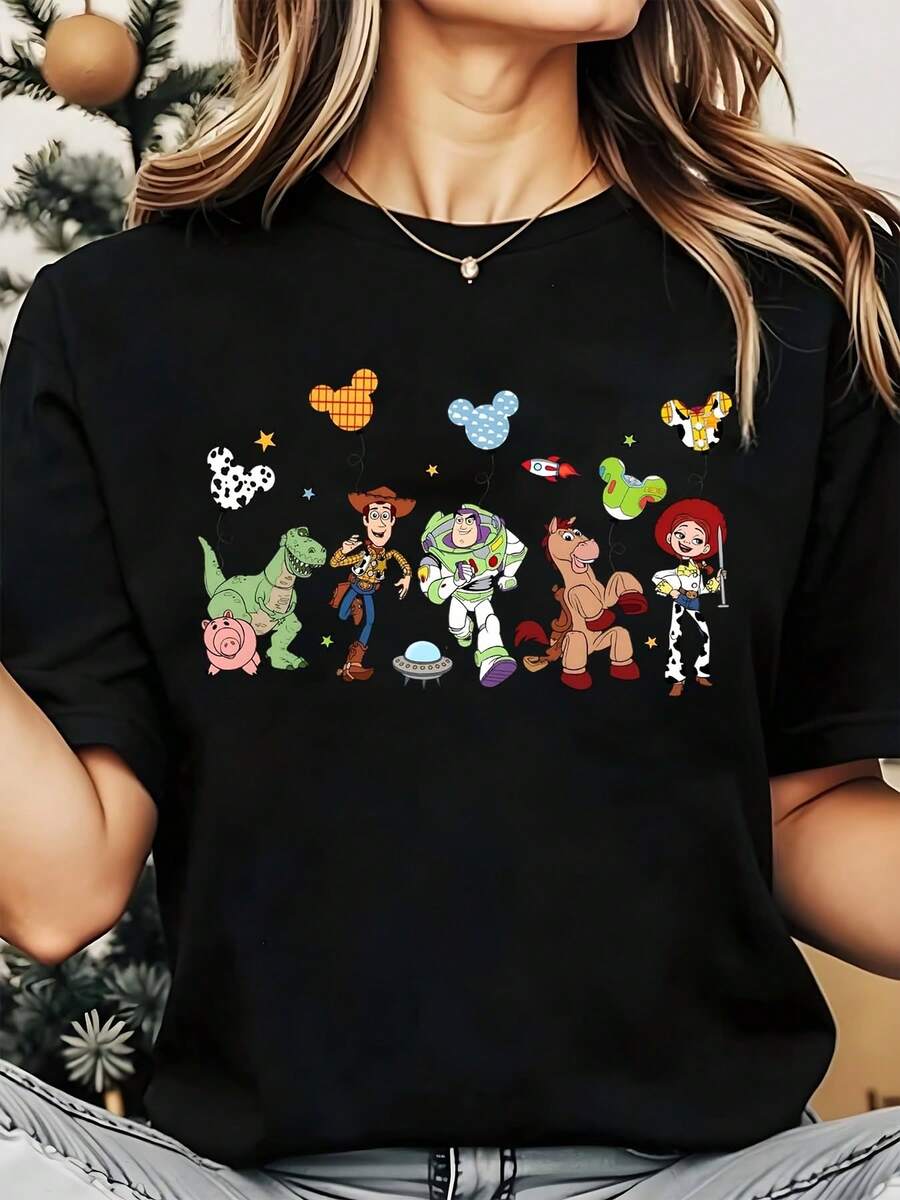 Disney Toy Story Characters Printed Women's Round Neck Shirt, Summer Tops Comfortable O-Neck T Shirt Fashion Casual Women Clothes - Black - View 1