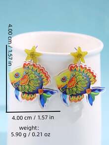 1 par de pendientes de botón creativos con diseño de pez, patrón abstracto colorido de criatura marina de dibujos animados, estilo bohemio, único y divertido, joyería casual y versátil para mujer para fiestas - Multicolor - Ver 5