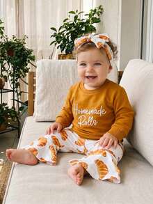 Girls Thanksgiving Bell Bottom Outfit Long Sleeve O Neck Pullover Croissants Print Flared Pants Headband Sets - Coffee Brown - View 3