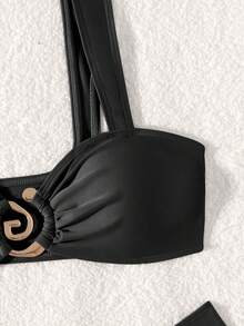 New 2026 Model: New Two-Piece Bikini With Metallic Accessory And Solid Color For Women, Beach Swimsuit With Opening - Black - View 4