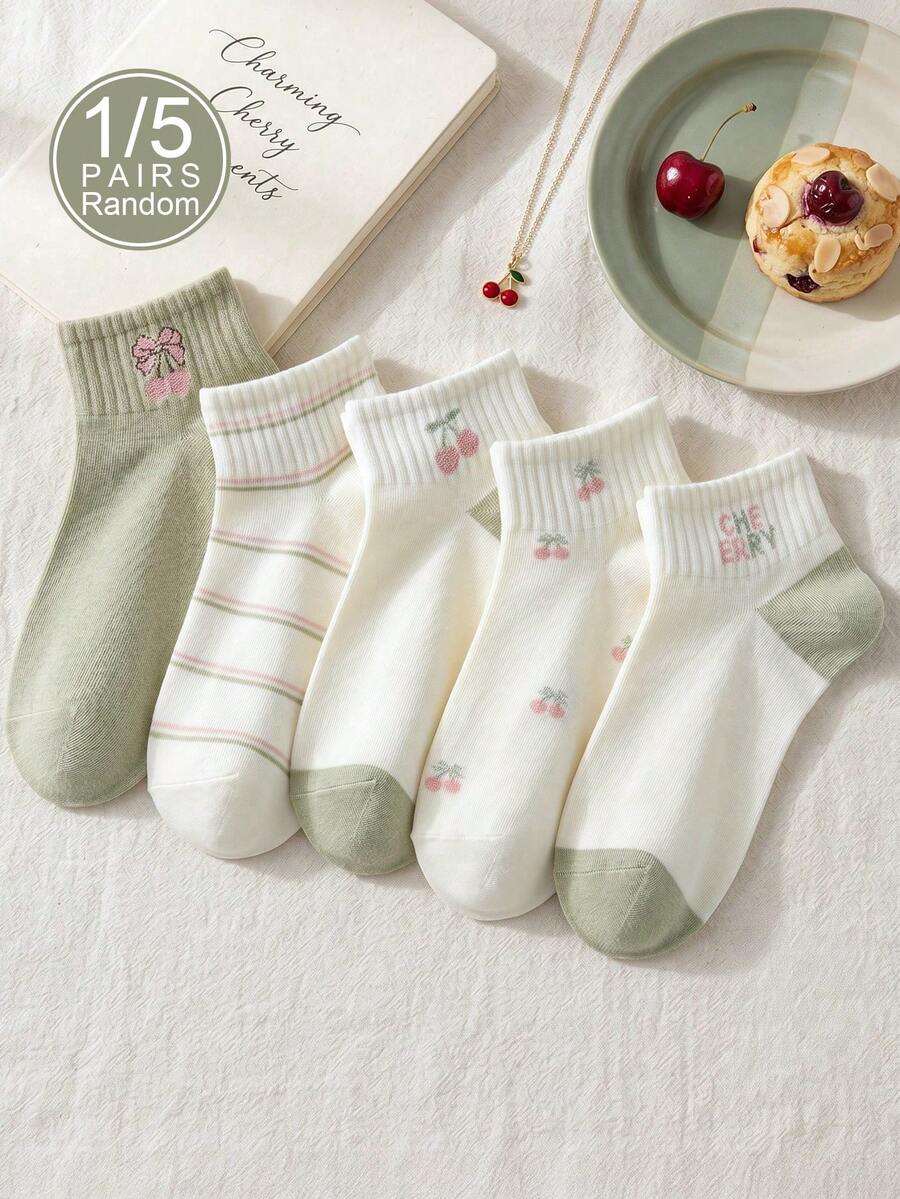 1/5 Pairs Women's Random Cartoon Cherry Letter Solid Color Fashion Minimalist Low-Cut Socks, Soft Comfortable Breathable, Cute Versatile, Suitable For All Seasons Daily Outings - Multicolor - View 1