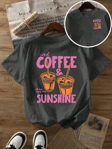 Plus-Size Damen-Sommerkleidung mit Eiskaffee- und Sonnen-Cartoon-Print, neuer Sommerstil, kurzärmeliges T-Shirt-Oberteil, modisches lässiges bedrucktes T-Shirt, stilvolle Damenkleidung. - Weiß - Übersicht 7