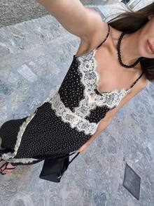 Vestido Largo Mujer de Lunares con Encaje Escote V Tirantes Finos Abertura Asimétrica Elegante para Boda y Fiesta - Negro - Ver 7