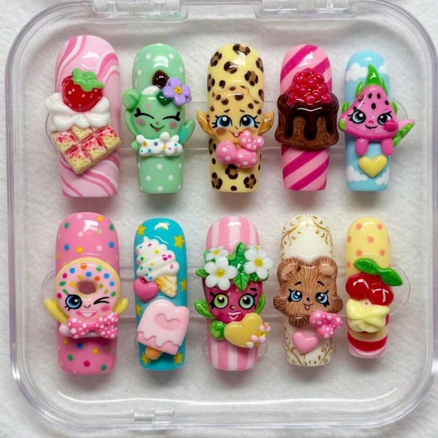 Handmade Nails Press On,Hard And Durable Nail Art,Handmade Kawaii Dessert Press On Nails | Shopkins-Inspired Characters, Chocolate, Donut & Ice Cream | Long Coffin Nails For Cute Sweet Vibes Summer Nail Art / Applicable To 899 Regions - 玫紅色 - 查看 1