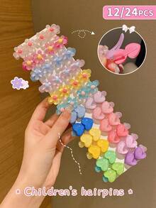 12/24pcs Flower & Heart Shaped Hair Clips, Suitable For Daily Use - Multicolor - View 2