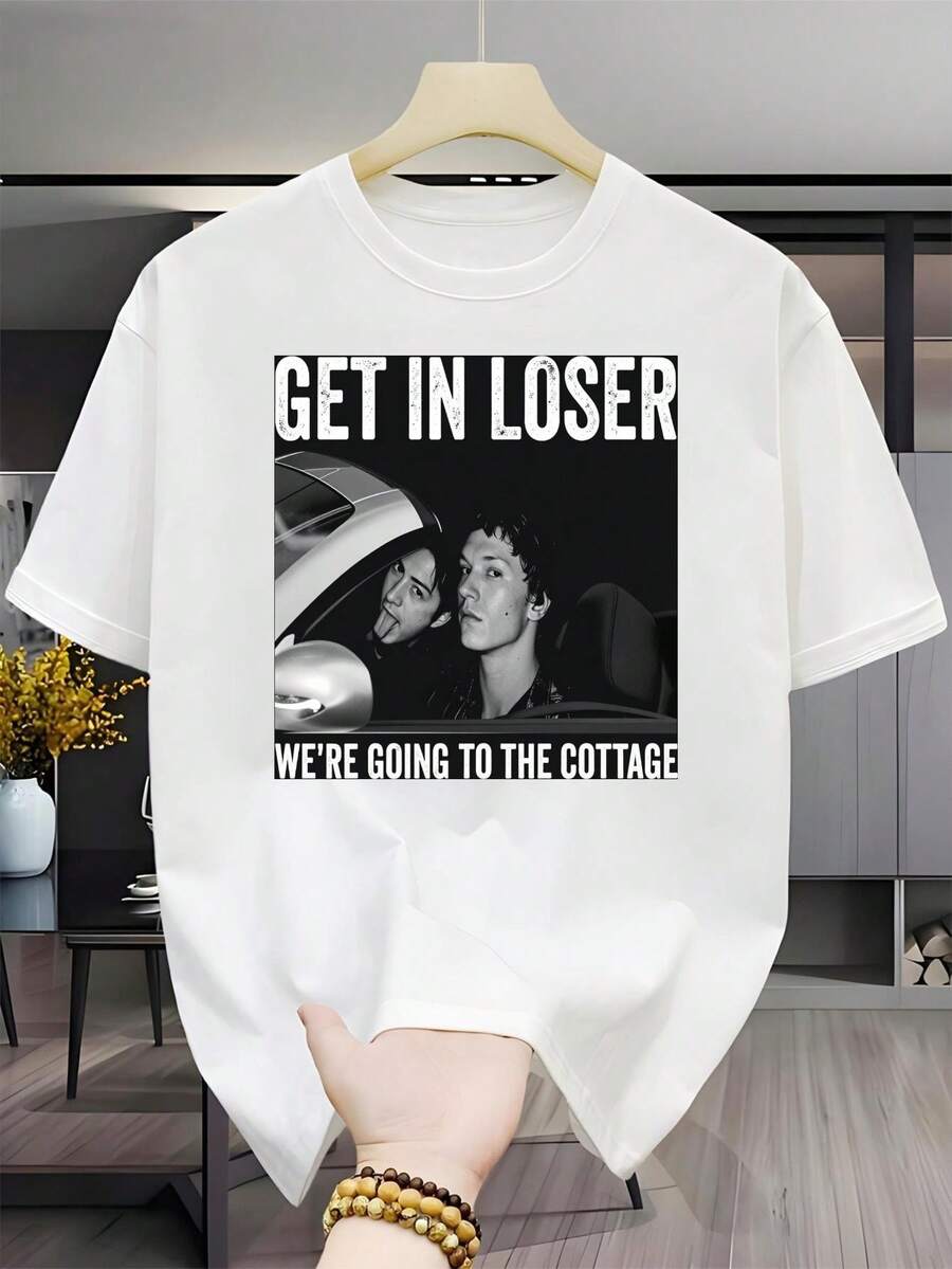 Men'S Plus Size, T-Shirt"Get In Loser We'Re Going To The Cottage" T-Shirt By Ilya Rozanov & Shane Hollander, Gildan Comfort Shirt, Featuring Popular Graphic Prints, Casual Crew N - 白色 - 查看 1