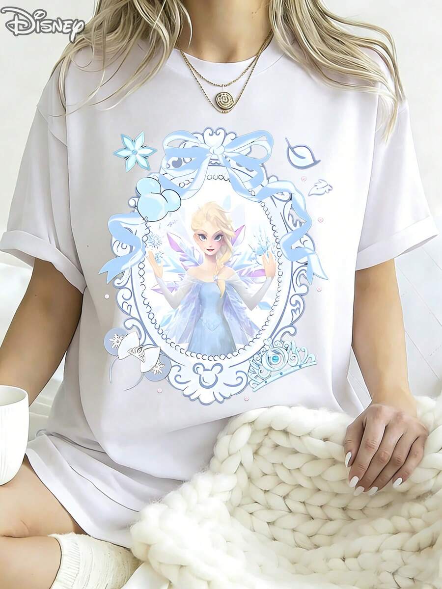 Disney Unisex Summer T-Shirts, Princess Aisha Frozen Border Prints, Soft Round Neck, Casual Daily Wear, Holiday Gifts. - White - View 1