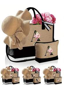 1 Set Women Beach Tote Bag With Shoulder Strap, Beach Hat And Cosmetic Bag; Pink Begonia Black Letter A-Z Pattern Tote Bag With Shoulder Strap And Cosmetic Bag; Personalized Gift Bag With Side Pocket - Khaki - View 1
