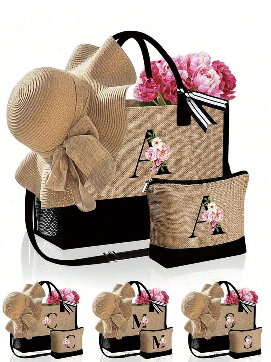 1 Set Women Beach Tote Bag With Shoulder Strap, Beach Hat And Cosmetic Bag; Pink Begonia Black Letter A-Z Pattern Tote Bag With Shoulder Strap And Cosmetic Bag; Personalized Gift Bag With Side Pocket - Khaki - View 1