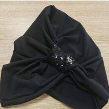 1件穆斯林女性針織彈性希賈布，黑色亮片裝飾，柔軟透氣頭巾，適合日常穿著與祈禱 - 黑色 - 查看 2