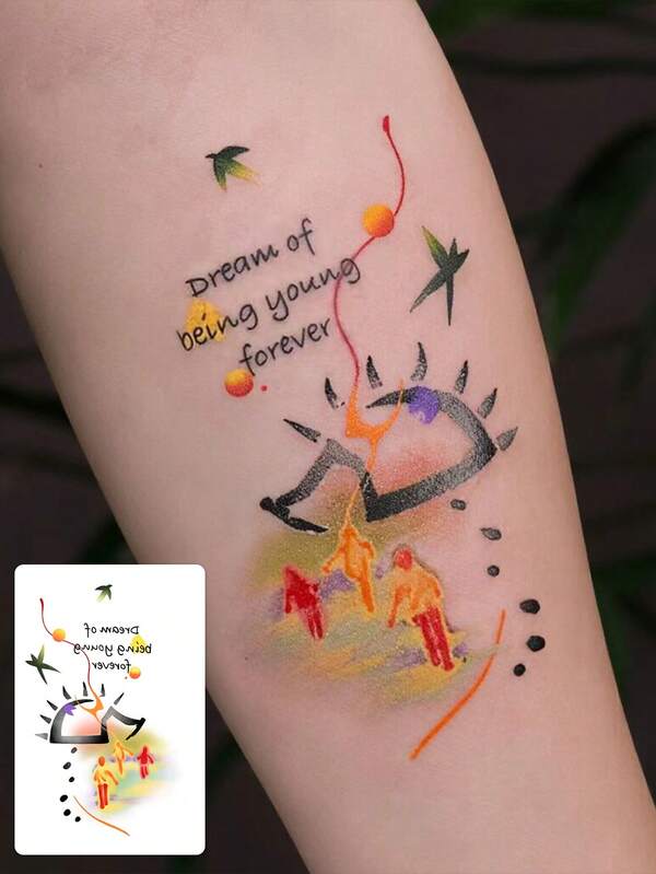 1 Pc Inspirational Watercolor Quote Temporary Tattoo Sticker, Waterproof Long Lasting Fake Tattoo, "Dream Of Being Young Forever" Artistic Body Art For Arms & Forearms