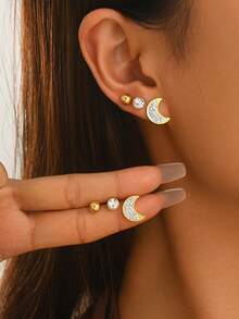 1 Set European And American Vintage Fashion Stainless Steel Micro-Inlaid Rhinestone Stud Earrings Set For Women, Daily Versatile - Multi-color a - View 1