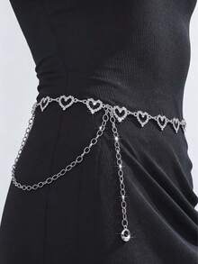 1pc Hollow Heart-Shaped Rhinestone Waist Chain, Shiny Adjustable Body Chain, Women's Dress Accessory - Silver - View 6