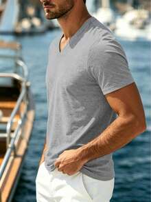 Men's Casual Versatile Solid Color Short Sleeve V-Neck T-Shirt - Light Grey - View 5