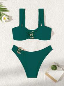 New 2026 Model: New Two-Piece Bikini With Metallic Accessory And Solid Color For Women, Beach Swimsuit With Opening - Dark Green - View 3