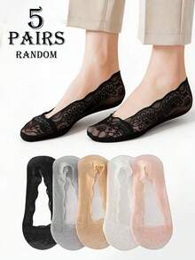 5/10 Pairs Random Spring/Summer Women's Fresh Multi-Color Lace Pattern Mesh Breathable Invisible Boat Socks, Fashionable For Daily Wear And Commuting - Multicolor - View 11