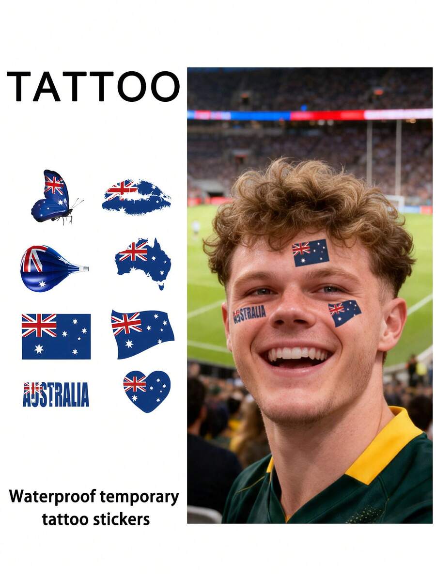 3Pcs Flag Tattoo Temporary Tattoo Australia Football Waterproof Sweatproof Disposable For Women And Mem Face Arm Waist Chest Leg Abdomen Neck Hand Finger Back - CQ - View 1