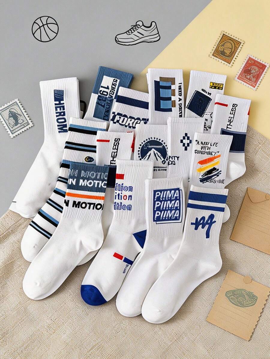 1/5 Pairs Random Men's Mid-Calf Socks, Ins Style, Breathable Sweat-Absorbent Basketball Socks For Students And Young People - Multicolor - View 1