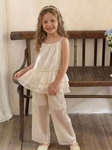 2pcs/Set Young Girls Casual Vacation Style Camisole And Pants Set, Suitable For Summer Wear - Beige - View 3