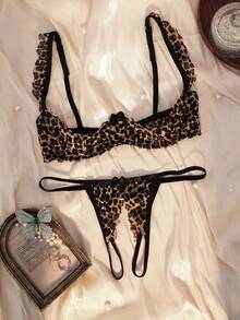 Leopard Print Lace Flutter Sleeve Patchwork Sheer Open Crotch Panties, 1/4 Cup, Women's Sexy Lingerie Set - Multicolor - View 4
