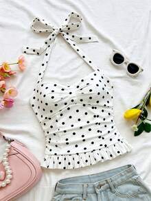 Áo tank top nữ Kliou mùa hè họa tiết chấm bi, cổ yếm khoét sâu, băng quấn, bèo nhún, hở lưng, sát nách, dáng ôm skinny, áo vest cơ bản phong cách clubwear - trắng - Xem 2