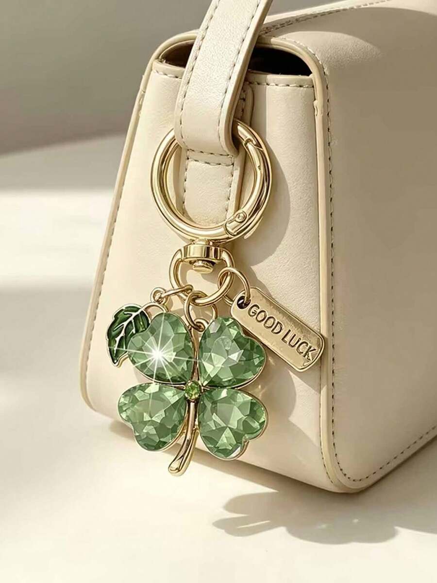 1pc Lucky Four-Leaf Clover Keychain, Sparkling Faux Crystal Four-Leaf Clover Key Ring With "GOOD LUCK" Tag, For Bag And Car Decoration, Perfect Gift For Women - Multicolor - View 1