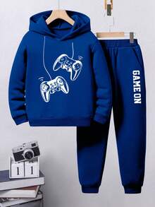 Toddler Letter Pattern Warm Hoodie And Sweatpants - Blue - View 1