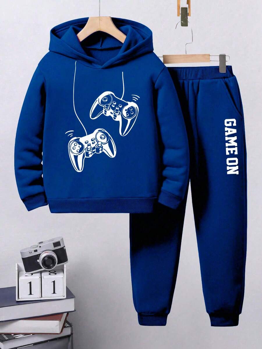 Toddler Letter Pattern Warm Hoodie And Sweatpants - Blue - View 1
