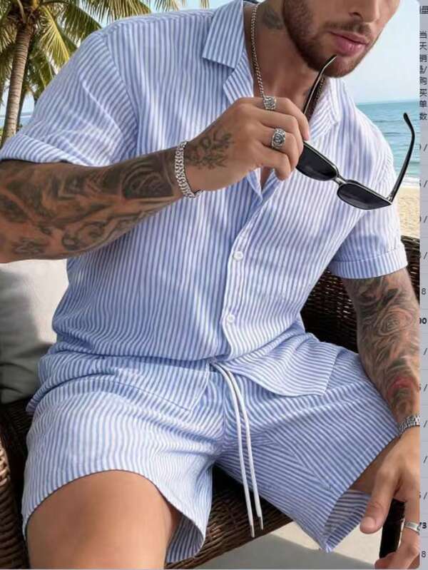 Plus Size Men's Fashion Bubble Striped Breathable Contrast Color Button Oblique Pocket Contrast Color Drawstring Lapel Full-Zip Design Casual Business Versatile Non-Sweating Summer Bestselling 2-Piece Set