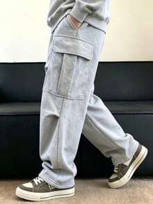 HEYKESON Mens Wide Leg Cargo Sweatpants Elastic Waist Drawstring Casual Jogger Pants With Multi Pockets - Light Grey - View 2