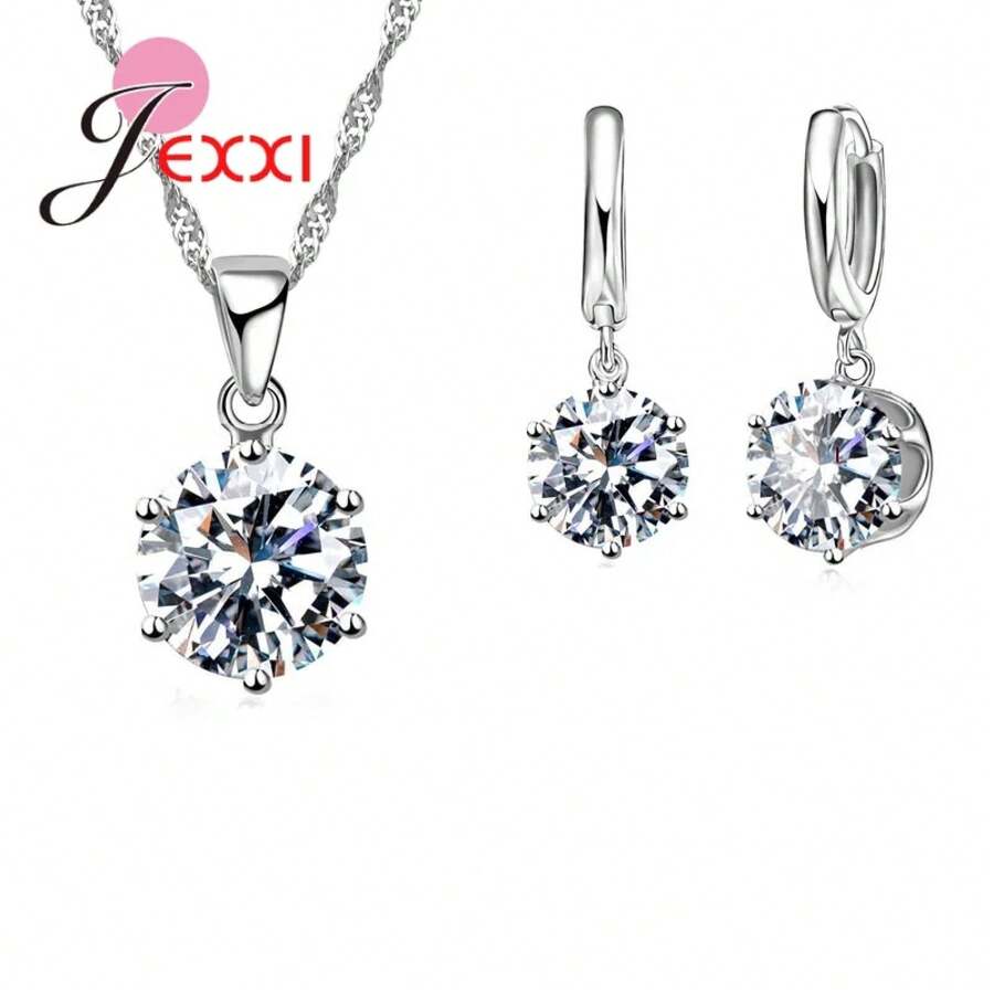 925 Sterling Silver Plating Necklace And Earring Set With Cubic Zirconia, Cross, Heart And Butterfly Design, Fashion Jewelry For Women. - 60101 - 查看 1