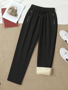 1 pieza Pantalones largos de invierno para mujer, pantalones deportivos casuales con forro térmico y engrosados, pantalones de chándal de moda con cintura elástica y pierna recta, color negro - Negro - Ver 1