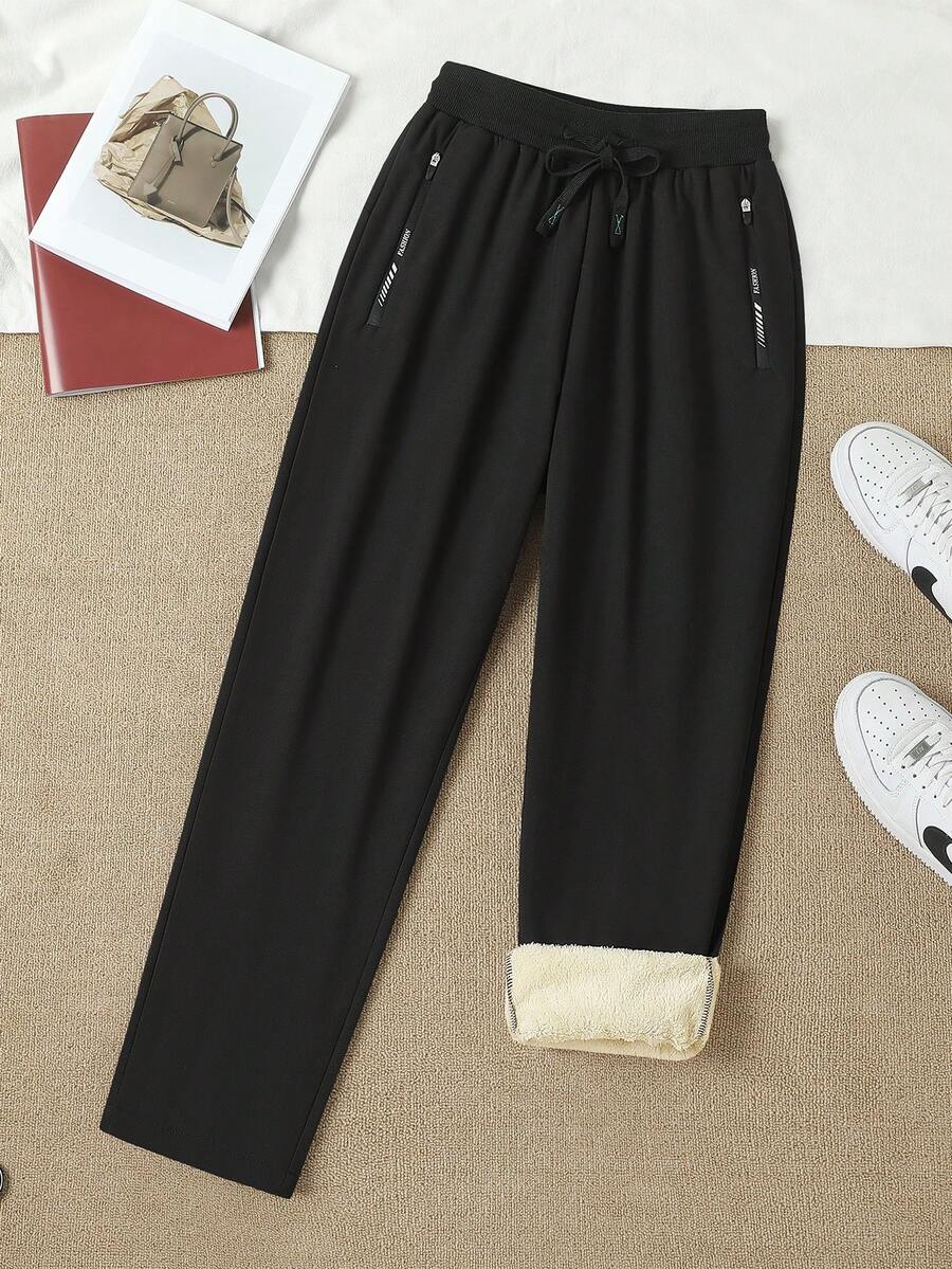 1 pieza Pantalones largos de invierno para mujer, pantalones deportivos casuales con forro térmico y engrosados, pantalones de chándal de moda con cintura elástica y pierna recta, color negro - Negro - Ver 1