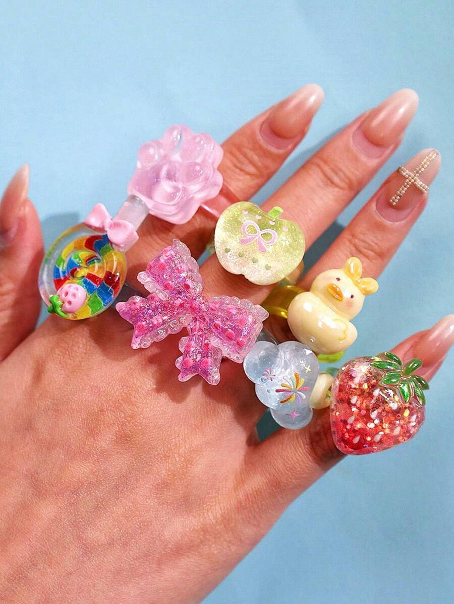 7件組彩色可愛卡通時尚個性化創意趣味古怪夏季海灘度假風高級優雅百搭多巴胺色亮片閃亮樹脂戒指套組,適合女性日常配戴、度假派對珠寶 - 彩色 - 查看 1
