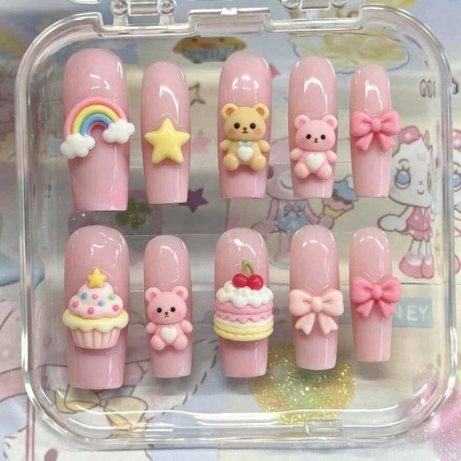 Handmade Nails Press On,Hard And Durable Nail Art,Handmade Kawaii Dessert Press On Nails | Shopkins-Inspired Characters, Chocolate, Donut & Ice Cream | Long Coffin Nails For Cute Sweet Vibes Summer Nail Art / Applicable To 899 Regions - 玫紅色 - 查看 1