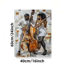 Enmarcado  plano 2D, 1 unidad, lienzo enmarcado con temática de música jazz - Póster de músicos de jazz en blanco y negro (contrabajo y saxofón) - Pintura vertical en tonos beige/marrón para decoración del hogar, oficina o bar - Uso exterior - Regalo de jazz para músicos - Enmarcado - Ver 5