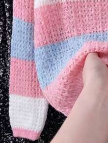 Lässiger gestreifter Kontrastfarben-Cut Out-Locker-Strickpullover Sommer - Himmelblau - Übersicht 5