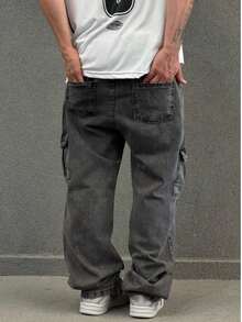 Black Stonewashed Cargo Jeans With Elastic Waistband. - Dark Wash - View 3