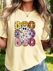 Women's T-Shirt, Halloween Boo Ghost, Casual Streetwear - 卡其色 - 查看 1