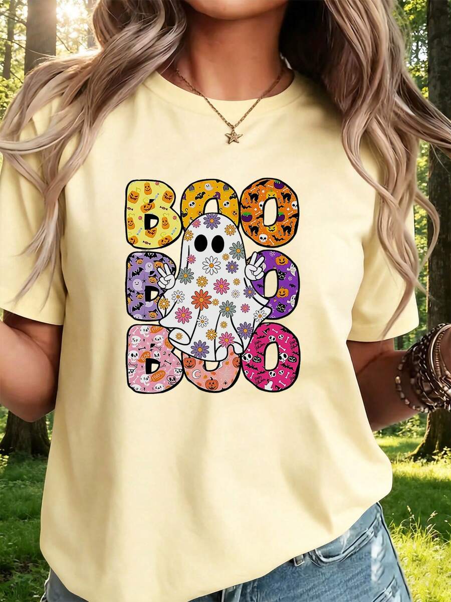 Women's T-Shirt, Halloween Boo Ghost, Casual Streetwear - 卡其色 - 查看 1