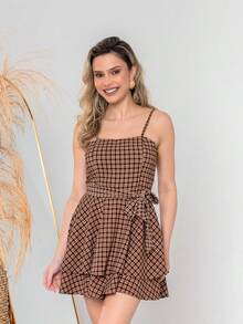 Women's Casual Elegant Checkered Jumpsuit With Padded Cups, Front Tie, And Back Zipper – Sizes S M L - Màu nâu kẻ ô - Xem 1