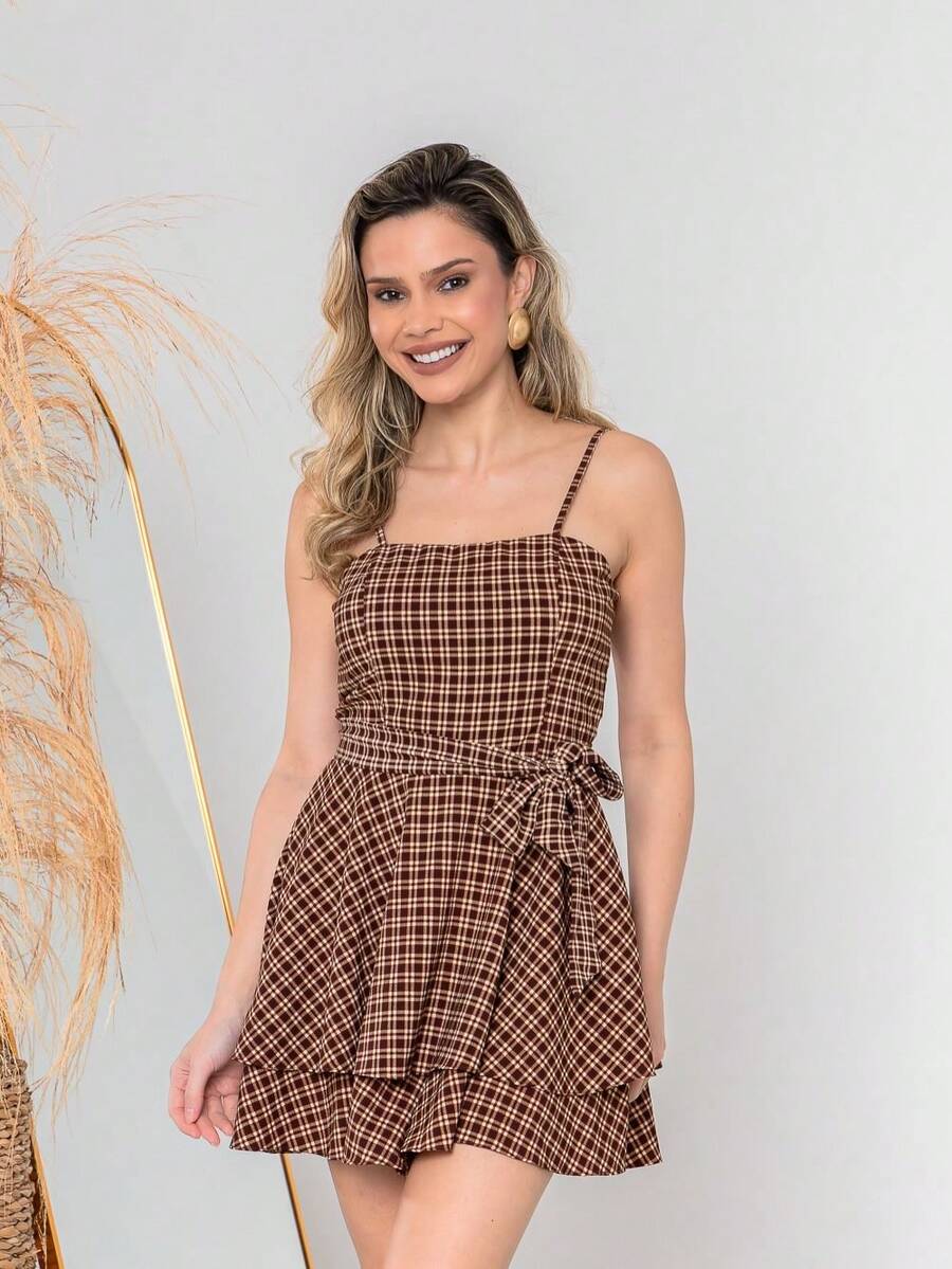 Women's Casual Elegant Checkered Jumpsuit With Padded Cups, Front Tie, And Back Zipper – Sizes S M L - Màu nâu kẻ ô - Xem 1
