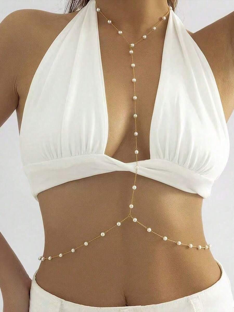 1 Piece Of Faux Pearl Multi-Layered Body Chain With A Halter Neck And Integrated Waist Design, Perfect For Beach Vacations And Summer Parties. - 款二金色 - 查看 1